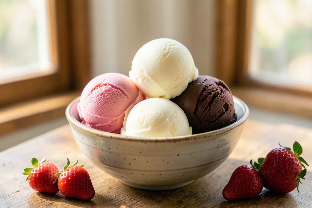Bolas de helado de fresa, vainilla y chocolate servidas en un cuenco